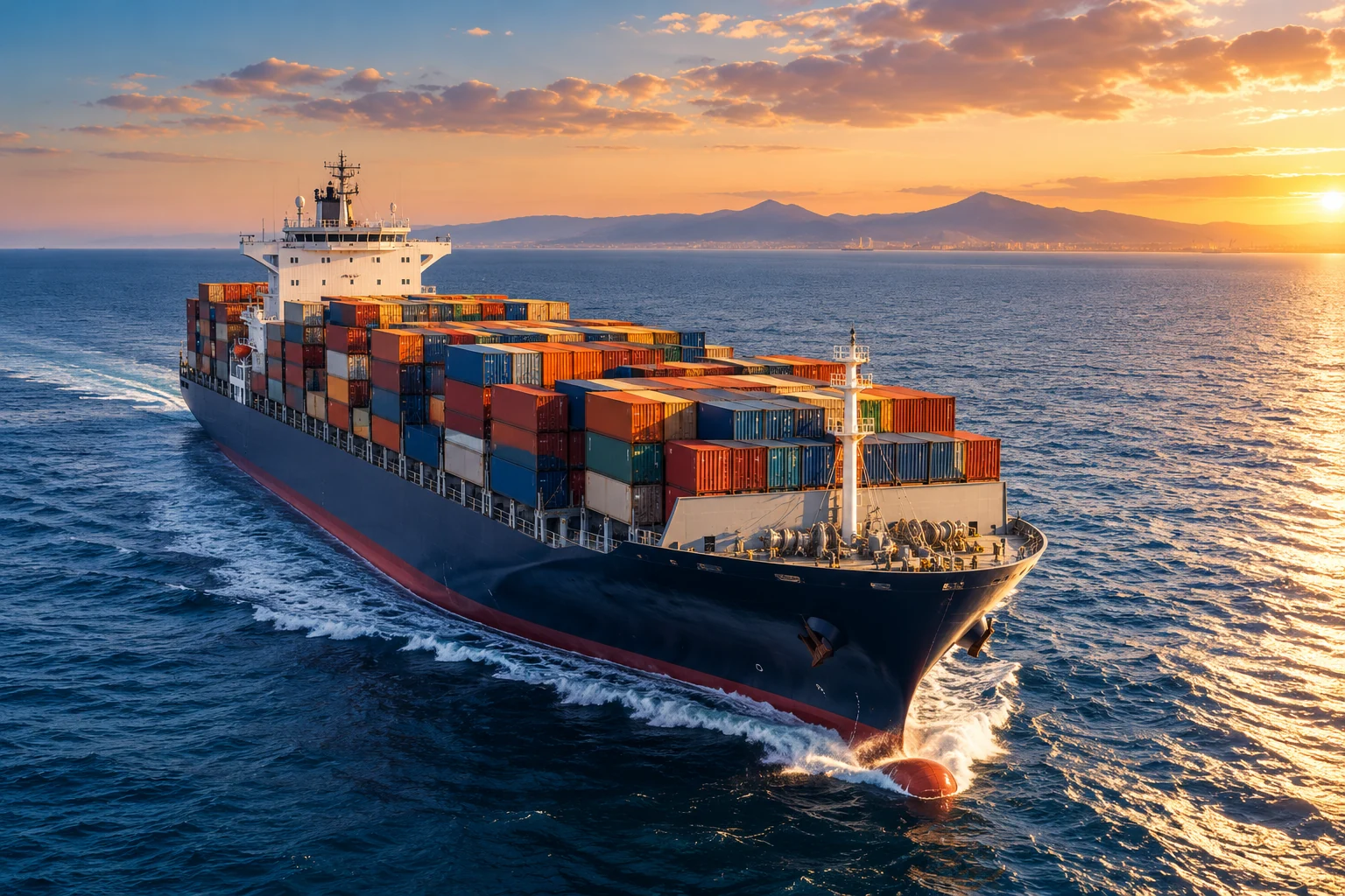 Container ship sailing at golden hour, original editorial visual